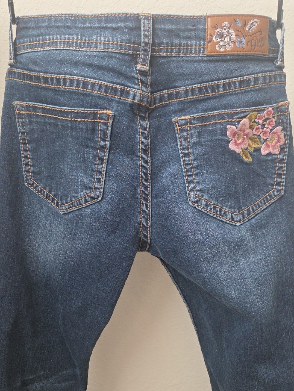 Grace in LA Dark Blue Skinny Jeans Pink Floral Embroidery Distressed Style - Picture 7 of 13